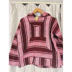 Frank's Textiles Red Striped Baja Hoodie Pullover Drug Rug Mexico Small S